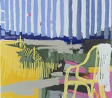 Teezeit auf gelbem Stuhl (2022), 160x140cm, Mischtechnik auf Leinwand