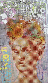 Red Lilac Frida, ca. 15 Schichten aus recycelten Materialien, Sculptural Dot Painting,130 x 75 cm