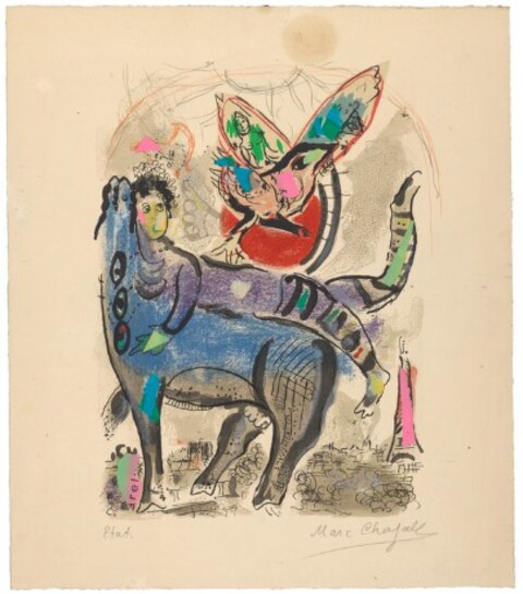 Marc Chagall - ‚La vache bleue‘ - Collage von bedrucktem Papier, Buntstifte, Pastelfarben und Bleistift auf Lithographie auf Büttenpapier, 1967, 41 x 35 cm, signiert und bezeichnet ‚etat‘