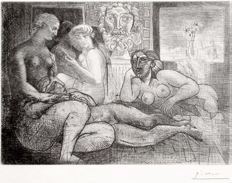 Pablo Picasso - Quatre femmes nues et tete sculptée - La Suite Vollard (page 219), 1933, Etching on Montval paper, Edition 245 + 15 AP, 33.7 x 44.5 cm, signed