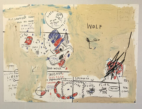 Jean-Michel Basquiat - ‘Wolf Sausage’ - Sérigraphie auf Somerset Satin, 1982/83 – 2019, Auflage 34/50, 56 x 76 cm / gerahmt ca. 100 x 120 cm, nummeriert und rückseitig signiert von Lisane Basquiat und Jeanine Herivaux