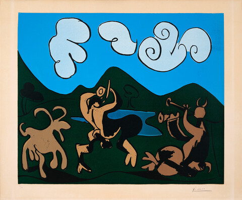 Pablo Picasso, Faunes et Chèvre, 1959, Farblinolschnitt, rechts signiert, links nummeriert: 44/50, Format: 52,9 x 63,9 cm, Baer 1263. Bloch 934