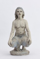 Skulptur &#34;Bleiben, Warten&#34;, Terrakotta, engobiert, 65 cm h, Signatur 09 11 22