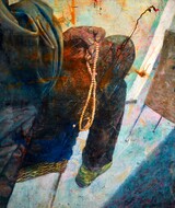 Der psychisch intime Bezug, 2023, Acryl, Ölkreide, Schellack, Pigment, auf Leinwand 160 x 140 cm