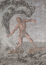 Hans Weigand, Falling Surfer 1, 2022, Aquarell, Tusche, Mixed Media auf geschnitztem Holzdruckstock, 170 x 120 cm © H. Weigand, Bildrecht 2023, Wien