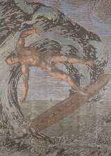 Hans Weigand, Falling Surfer 2, 2022, Aquarell, Tusche, Mixed Media auf geschnitztem Holzdruckstock, 170 x 120 cm © H. Weigand, Bildrecht 2023, Wien