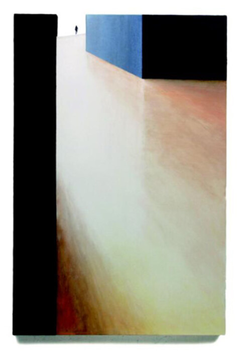 Franziska Schemel (302) 2024 Pigmente Sand Acryl auf Leinwand Figur aus Draht und Faden 120 x 80 cm