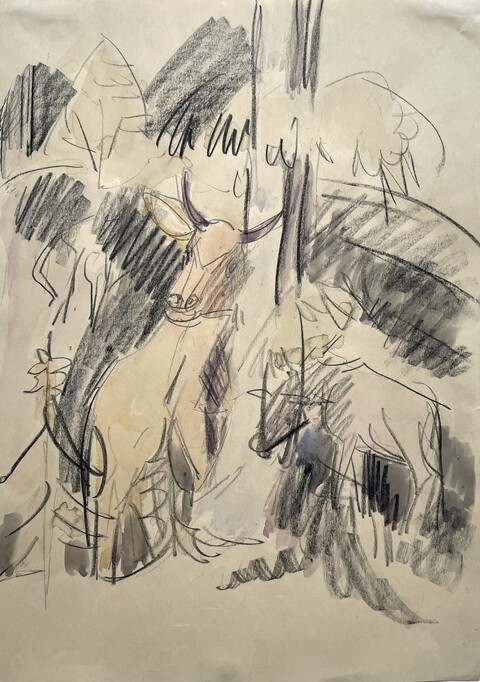 Ernst Ludwig Kirchner, Kühe im Wald, um 1922, Aquarell und schwarze Kreide auf Papier