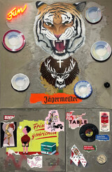 Suscha Korte, “fun…“, 2025, Öl, Zement und Neonschrift auf Leinwand, 190 x 120 cm