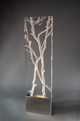 Luminous, Plexiglas, Edelstahl beleuchtet, dimmbare LED, ausgehöhlt, gefräst, geschliffen, poliert, 170 x 49 x 20 cm, 2024