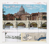 Christo, Ponte Sant Angelo, Collage/Grafik mit Stoff verhüllter Brücke und Handübermalung. Ex:XII XL