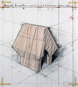 Christo, Wrapped Snoopy House, 2004, Lithografie überarbeitet mit Bleistift, Wachskreide,roter Lackfarbe, Kreppband 61 x 55 cm