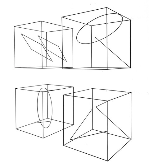 Anne Rose Regenboog 'Cube' wall objects, metal wire, each 20 x 20 cm.