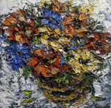 Blumen im Korb,2024, pastöse Ölmalerei auf Leinwänd 60 × 60 cm