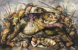 Yongbo Zhao: "Ich habe genug von der Sinnlosigkeit eures Kampfes". 2013-2025, Öl/Leinwand, 180 x 280 cm