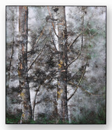 Verdichtetes Forstwerk, Öl, Kalk, Erden, Blattgold, Pflanzenteile und Bitumen auf Leinwand, 200 x 170 x 6 cm, 2025 mit Schatten