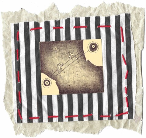 Ambra Durante TEENAGE ANGST 2025 Kugelschreiber auf Papier mit Bindfaden, Collage 17,5x16 Scan