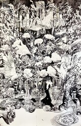 Stillleben mit Eule und Kristall Tusche auf Papier 150x100cm