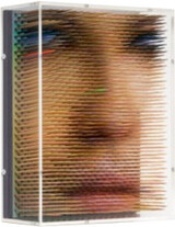 I love thee to the depth and breadth and height, 2025, Serie Optical Portraits Wood Upright, Lack auf Holz, 26 x 20 x 8,6 cm